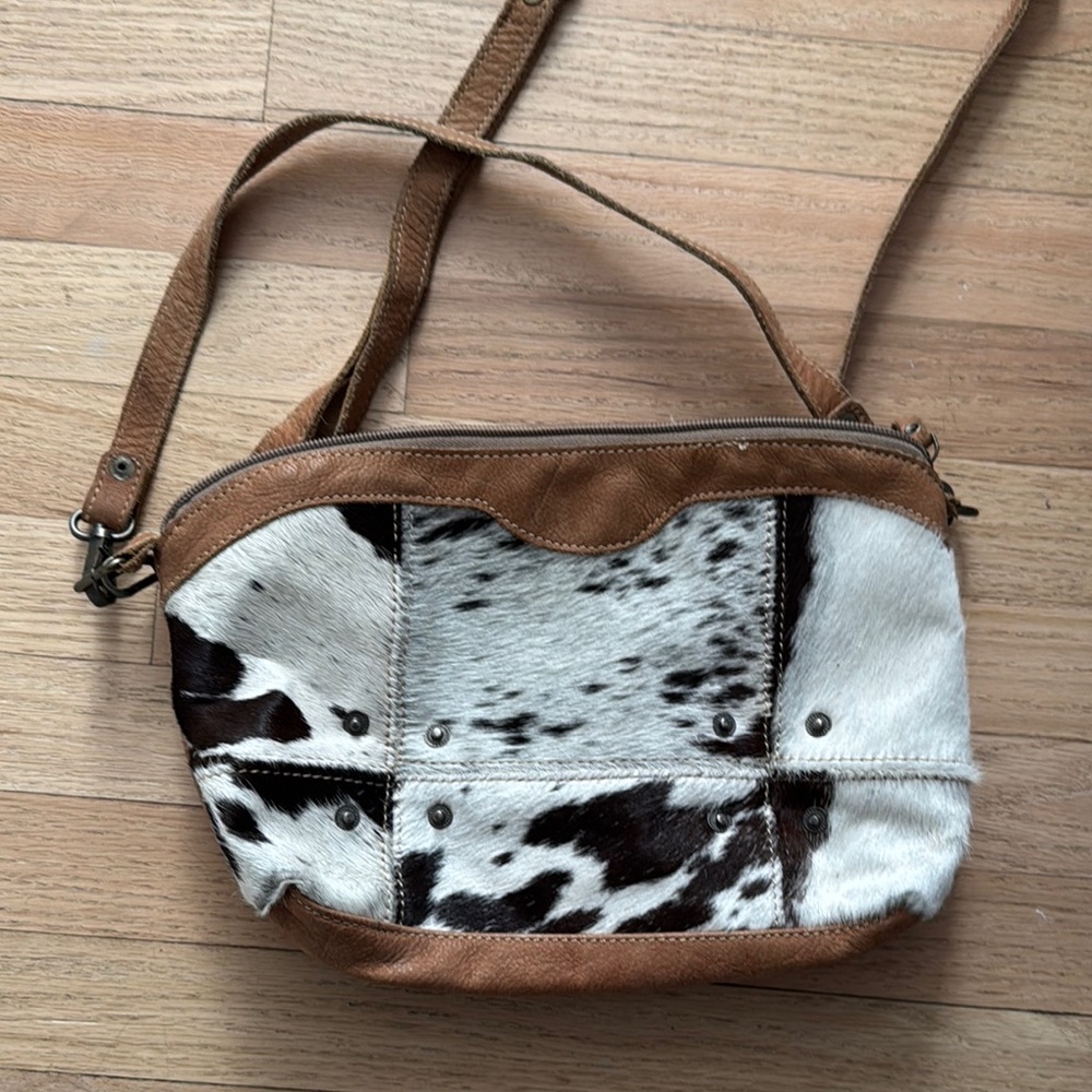 Brown and White Cowhide Crossbody Bag